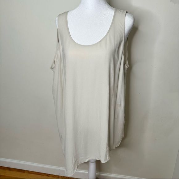 Eileen Fisher Silk Georgette Crepe U Neck Side Drape Shell‎ Bone Size Lg